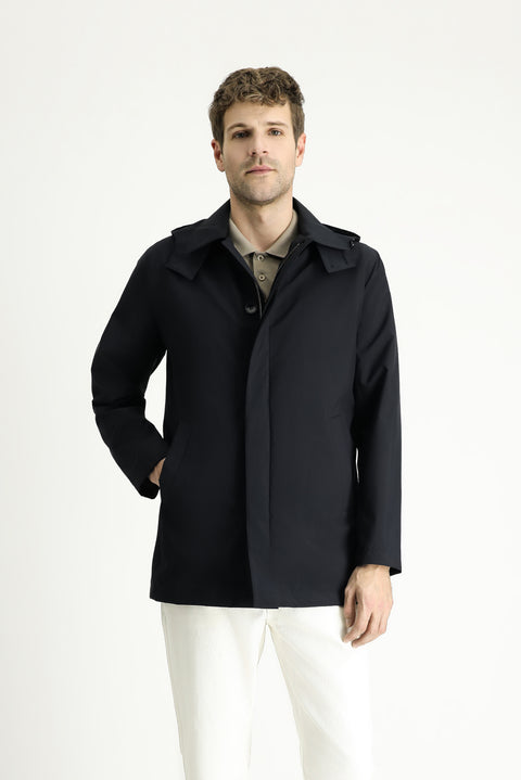 Dark Navy Hooded Classic Overcoat & Trench Coat