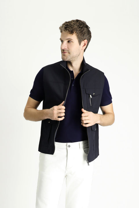 Dark Navy Cotton Utility/Safari Vest with Pockets