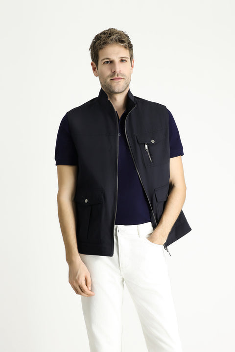 Dark Navy Cotton Utility/Safari Vest with Pockets