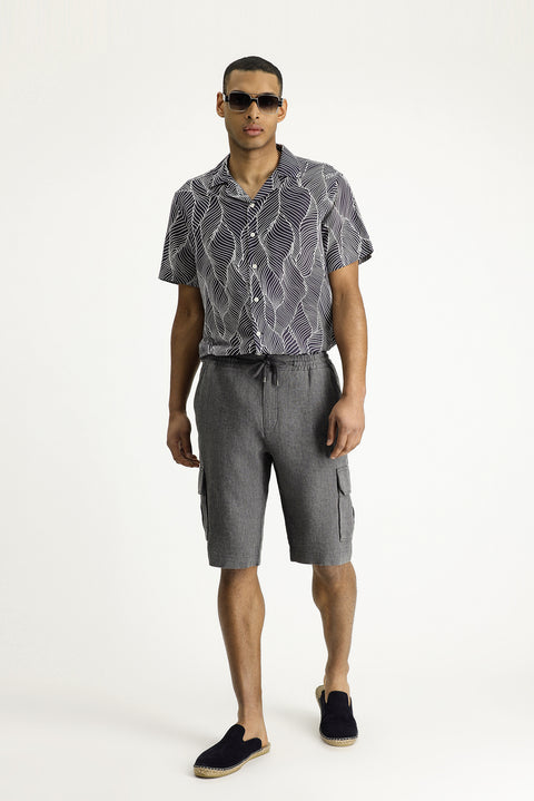 Siyah Regular Fit Standart Kesim Keten Bermuda Şort