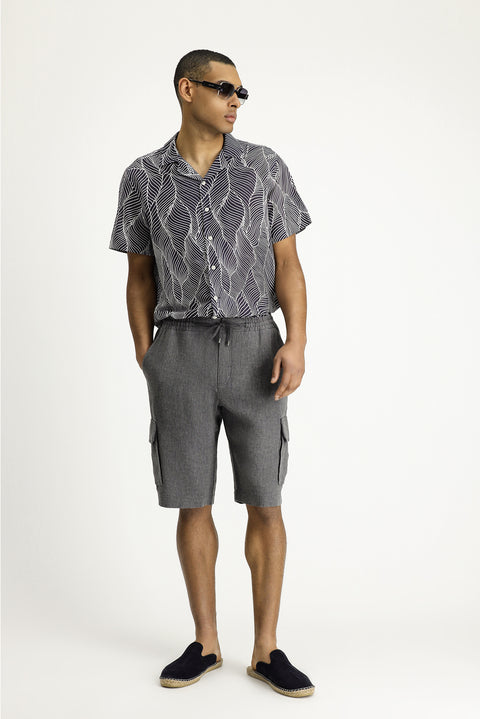 Siyah Regular Fit Standart Kesim Keten Bermuda Şort