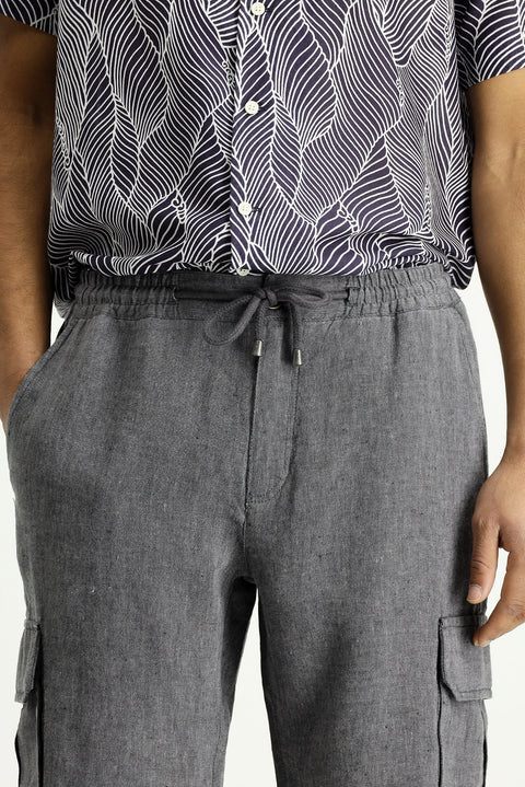 Siyah Relaxed Fit Rahat Kesim Keten Bermuda Şort