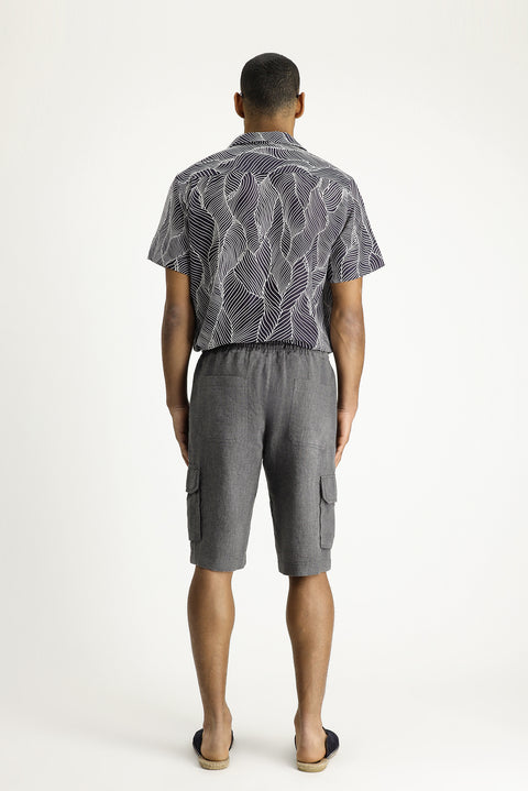Siyah Regular Fit Standart Kesim Keten Bermuda Şort