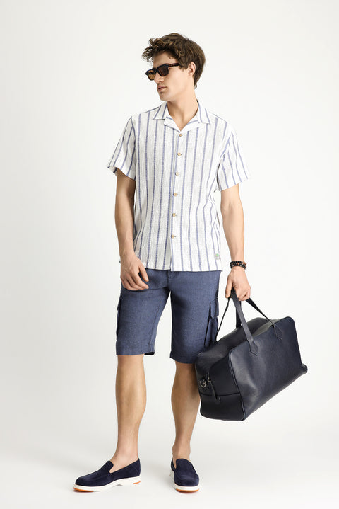 Mid-Navy Relaxed Fit Linen Bermuda Shorts