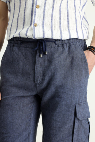  Orta Lacivert 4 Drop Relaxed Fit Rahat Kesim Keten Bermuda Şort