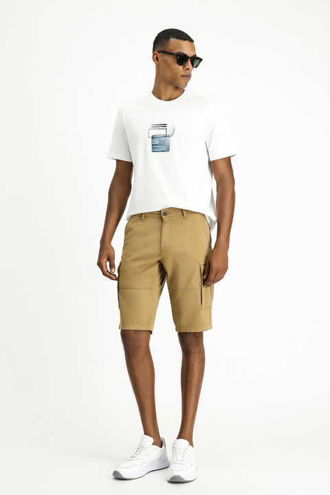 Tan Regular Fit Standard Cut Cotton Bermuda Cargo Shorts
