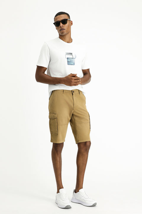 Tan Regular Fit Standard Cut Cotton Bermuda Cargo Shorts