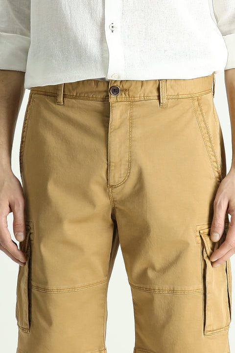 Tan Regular Fit Standard Cut Cotton Bermuda Cargo Shorts