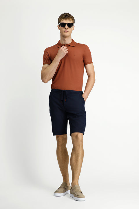 Koyu Lacivert Regular Fit Standart Kesim Beli Lastikli İpli Pamuklu Bermuda Şort