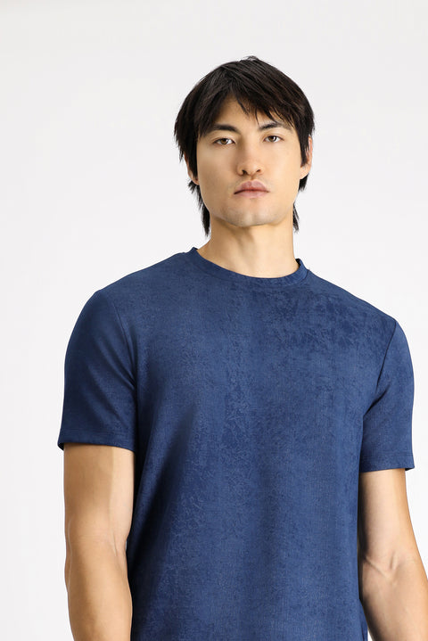 Light Navy Blue Crew Neck Regular Fit Patterned Lycra T-shirt