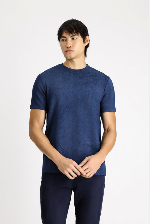 Light Navy Blue Crew Neck Regular Fit Patterned Lycra T-shirt
