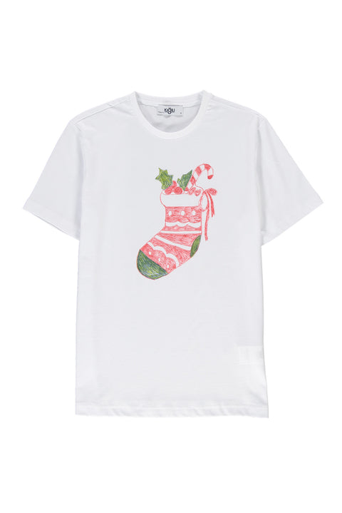 White SOBE Foundation Crew Neck Regular Fit Christmas Stocking Cotton T-Shirt