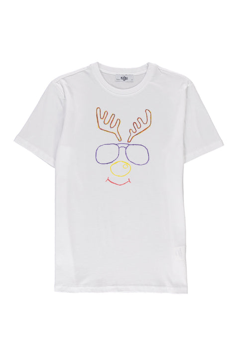 White SOBE Foundation Crew Neck Regular Fit Deer with Glasses Cotton T-Shirt