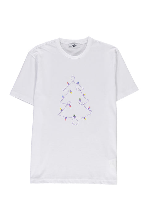 White SOBE Foundation Crew Neck Regular Fit Purple Striped Christmas Light Motif Cotton T-shirt