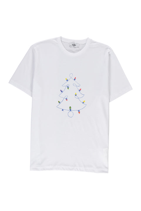 White SOBE Foundation Crew Neck Regular Fit Blue Striped Cotton T-Shirt with Christmas Light Motif