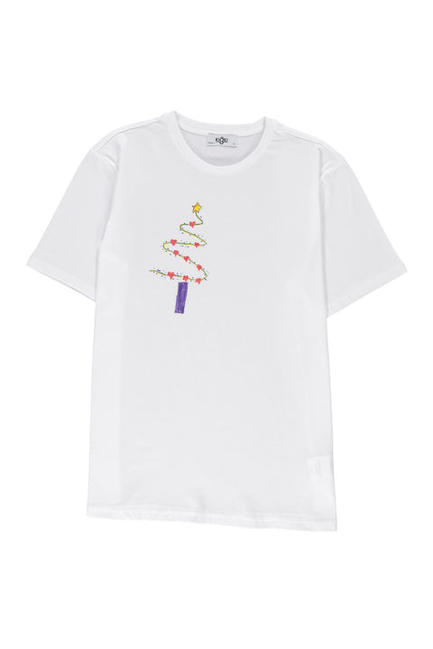 White SOBE Foundation Crew Neck Regular Fit Cotton T-Shirt with Red Heart and Christmas Tree Motif