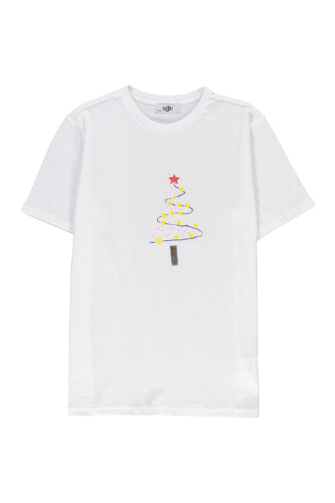 White SOBE Foundation Crew Neck Regular Fit Cotton T-Shirt with Yellow Heart and Christmas Tree Motif