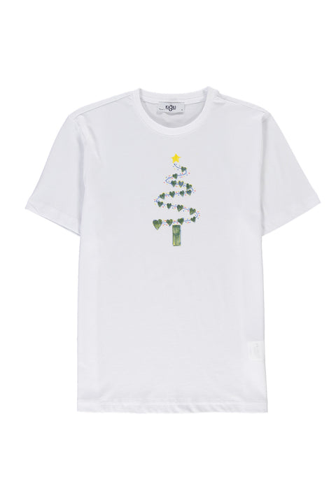White SOBE Foundation Crew Neck Regular Fit Cotton T-Shirt with Green Heart and Christmas Tree Motif
