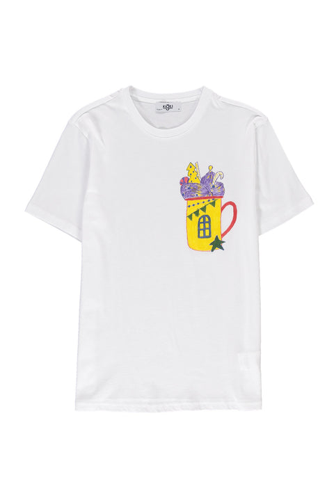 White SOBE Foundation Crew Neck Regular Fit Cotton T-shirt with Yellow Cup Pattern