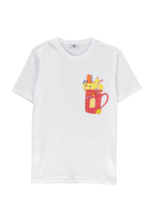 White SOBE Foundation Crew Neck Regular Fit Cotton T-shirt with Red Cup Pattern