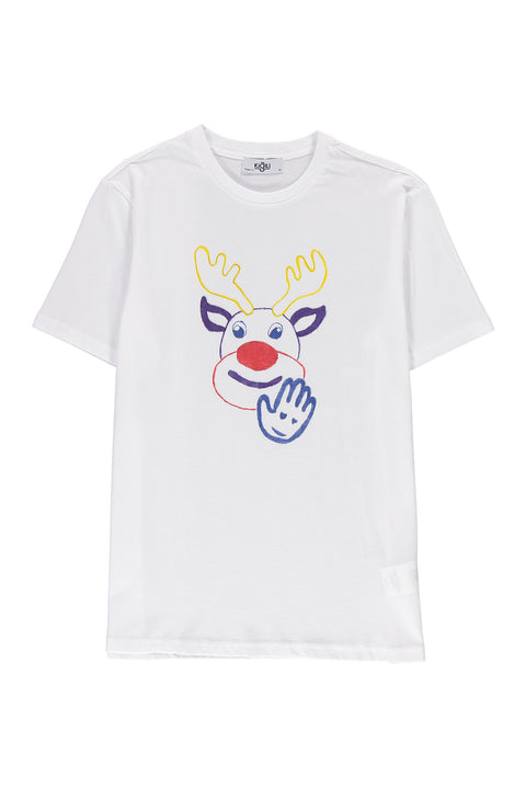 White SOBE Foundation Crew Neck Regular Fit Deer Print Cotton T-Shirt