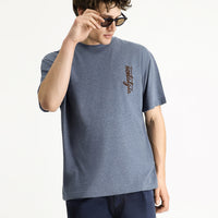 Indigo Melange Crew Neck Oversize Printed Cotton T-shirt