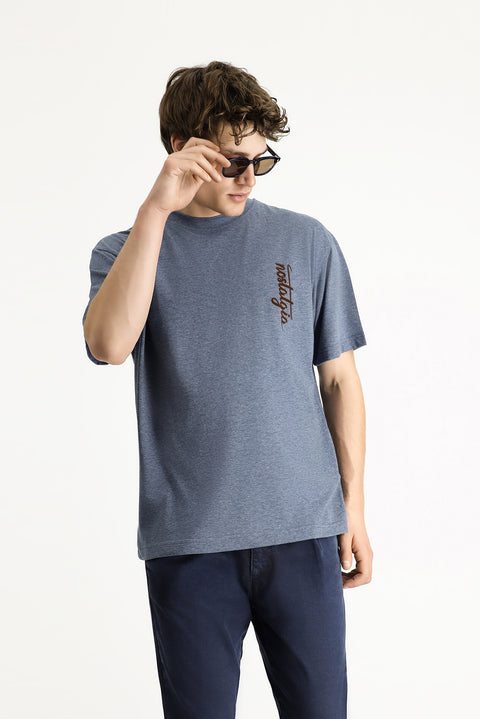 Indigo Melange Crew Neck Oversize Printed Cotton T-shirt