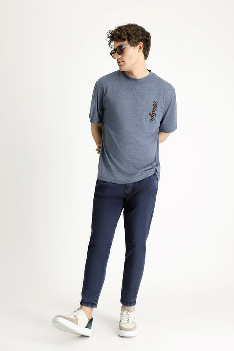 Indigo Melange Crew Neck Oversize Printed Cotton T-shirt