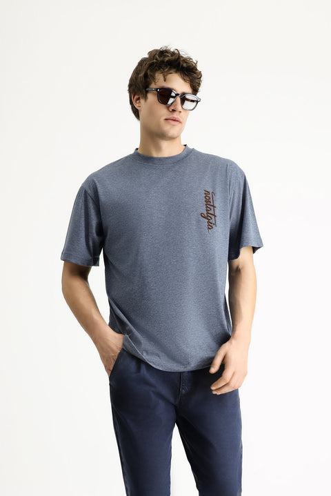Indigo Melange Crew Neck Oversize Printed Cotton T-shirt
