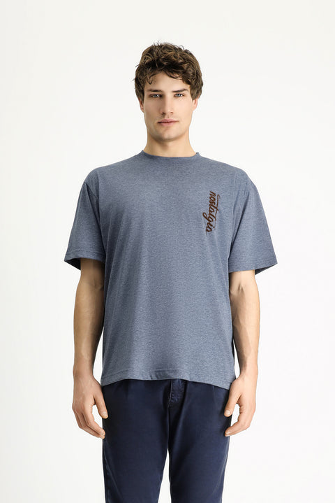 Indigo Melange Crew Neck Oversize Printed Cotton T-shirt