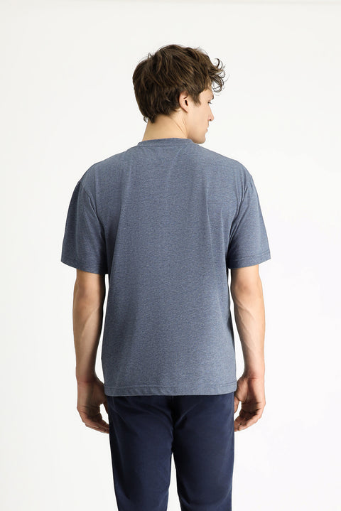 Indigo Melange Crew Neck Oversize Printed Cotton T-shirt