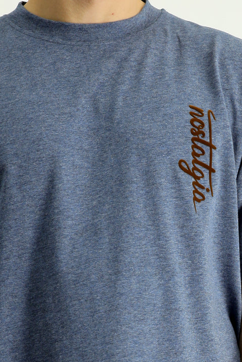 Indigo Melange Crew Neck Oversize Printed Cotton T-shirt