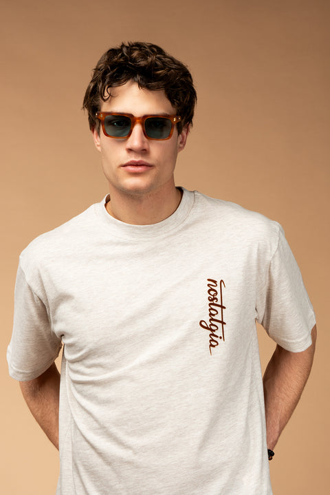 Light Beige Crew Neck Oversize Printed Cotton T-Shirt