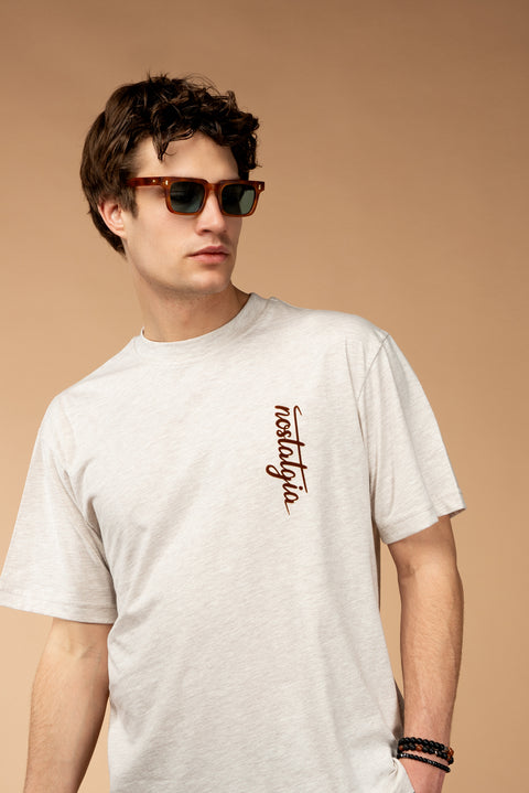 Light Beige Crew Neck Oversize Printed Cotton T-Shirt
