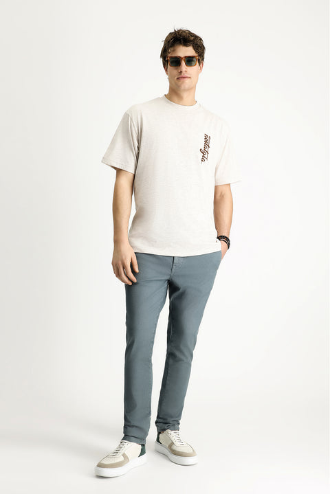 Light Beige Crew Neck Oversize Printed Cotton T-Shirt
