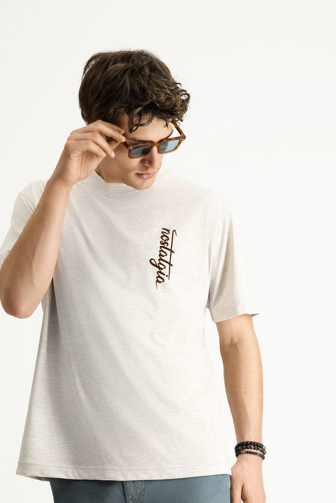 Light Beige Crew Neck Oversize Printed Cotton T-Shirt