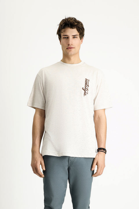 Light Beige Crew Neck Oversize Printed Cotton T-Shirt