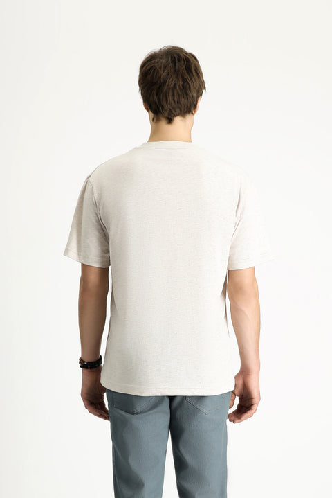 Light Beige Crew Neck Oversize Printed Cotton T-Shirt