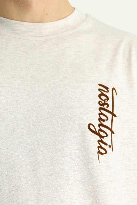 Light Beige Crew Neck Oversize Printed Cotton T-Shirt