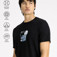 Black Eco-Line Crew Neck Regular Fit Printed Cotton T-shirt