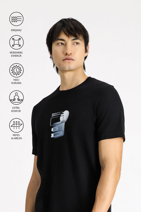 Black Eco-Line Crew Neck Regular Fit Printed Cotton T-shirt