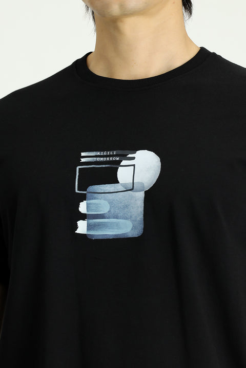 Black Eco-Line Crew Neck Regular Fit Printed Cotton T-shirt
