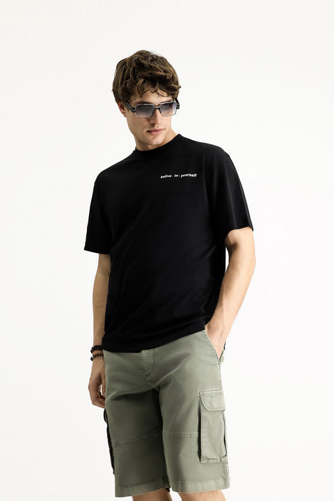 Black Crew Neck Regular Fit Patterned Cotton T-shirt