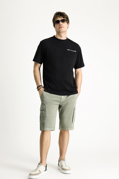 Black Crew Neck Regular Fit Patterned Cotton T-shirt