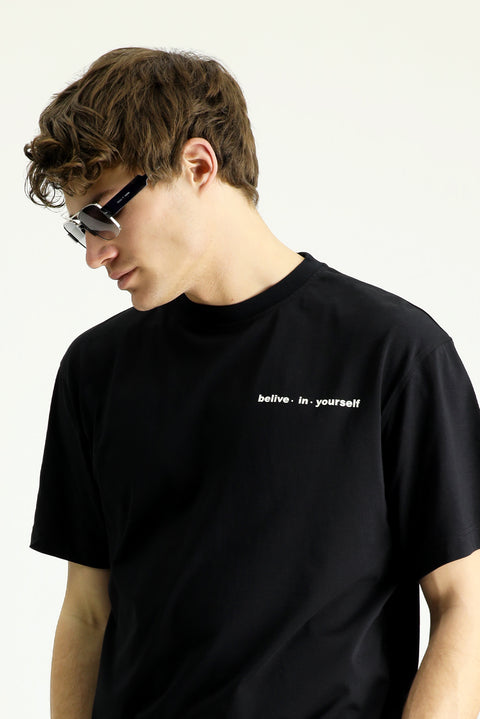 Black Crew Neck Regular Fit Patterned Cotton T-shirt