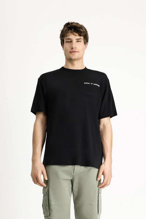 Black Crew Neck Regular Fit Patterned Cotton T-shirt