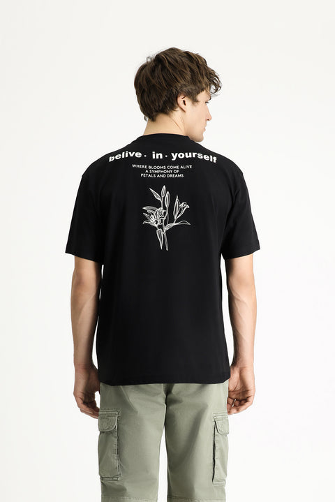 Black Crew Neck Regular Fit Patterned Cotton T-shirt