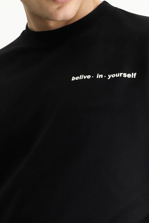 Black Crew Neck Regular Fit Patterned Cotton T-shirt