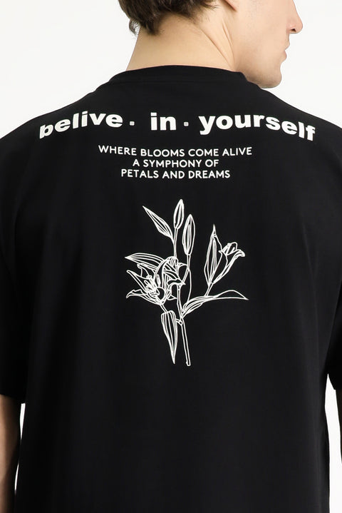 Black Crew Neck Regular Fit Patterned Cotton T-shirt