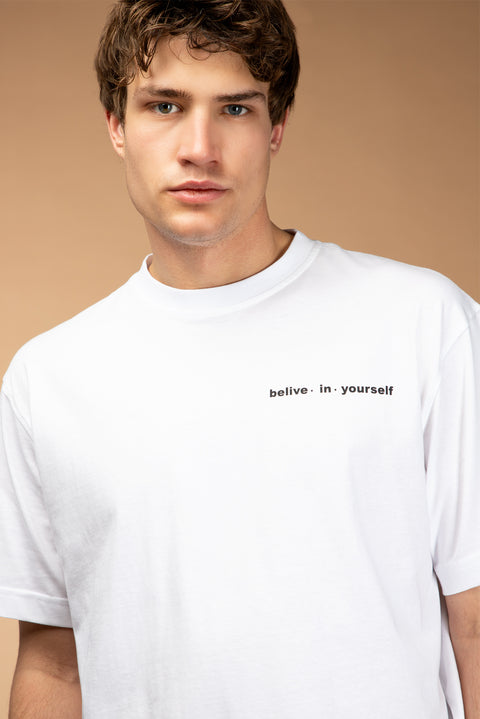 White Crew Neck Regular Fit Patterned Cotton T-shirt